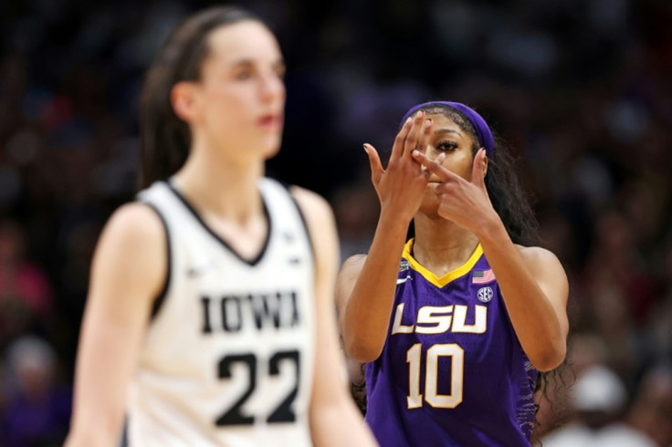 Caitlin Clark (left) and Angel Reese (right) in NCAA action