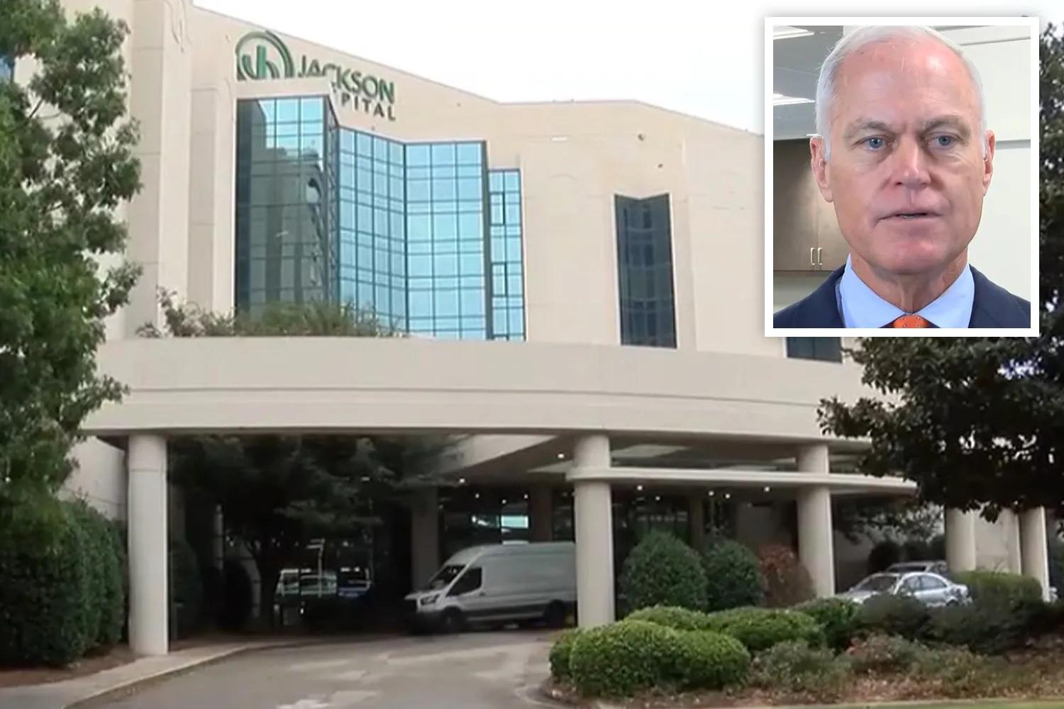 Collage of Jackson Hospital and a man in a suit.