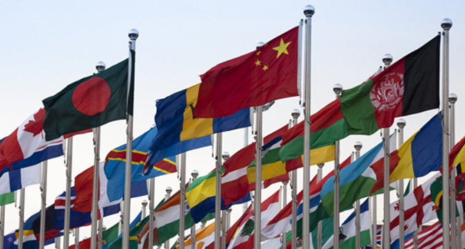 A group of international flags from various countries are displayed on flagpoles against a clear sky, reflecting the global reach of a corporate law office specializing in litigation support.
