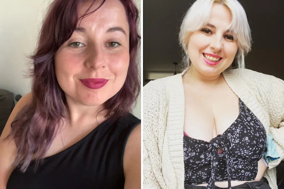 A woman with pruple hair and lipstick and platinum blonde hair and pink lipstick. 