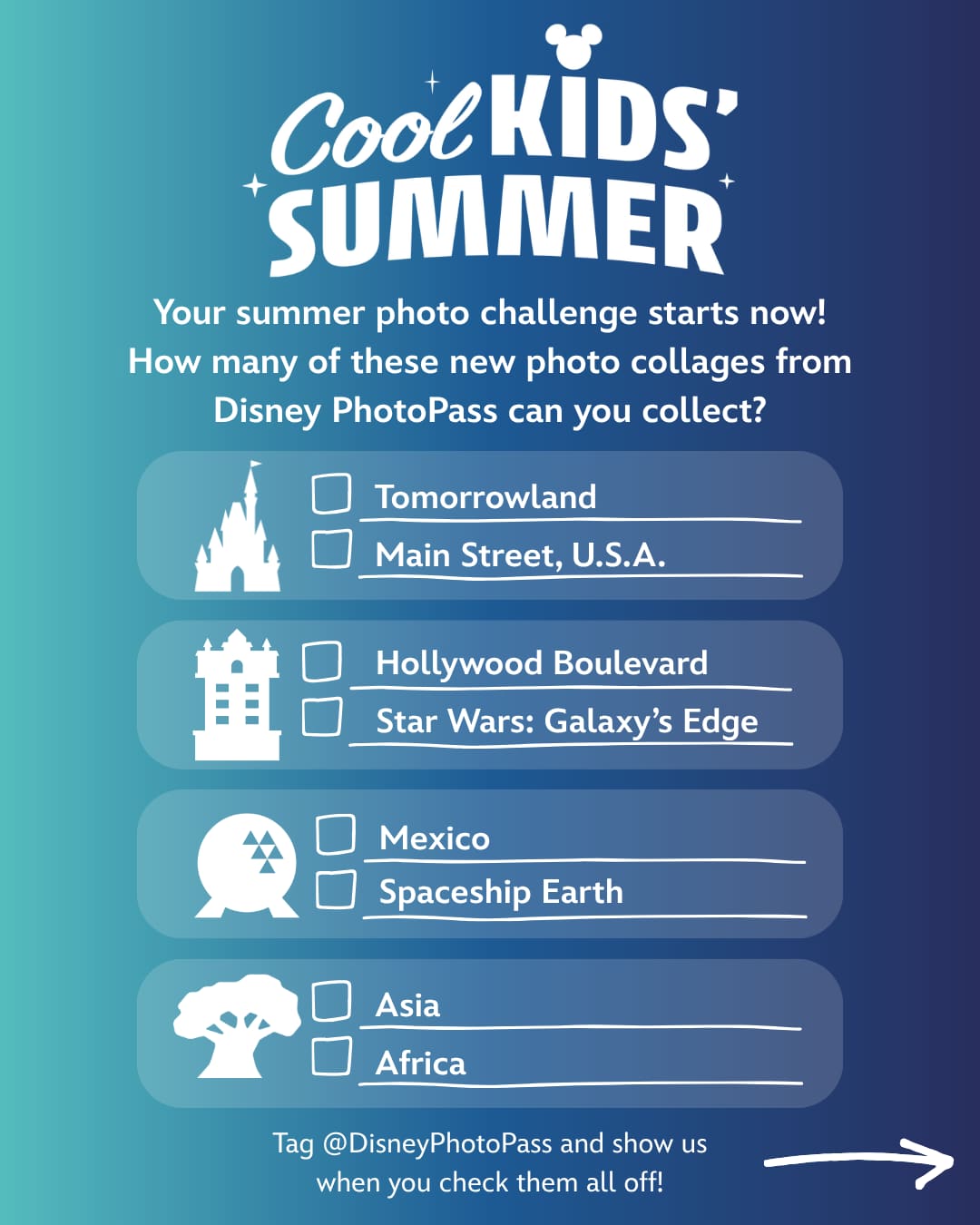 To participate in the PhotoPass challenge, guests must visit two spots at each of the Walt Disney World parks: Animal Kingdom, EPCOT, Hollywood Studios, and Magic Kingdom. Each has two locations where you have to get a photo. Once you complete the challenge, post it on Instagram and tag @DisneyPhotoPass to show off your victory!