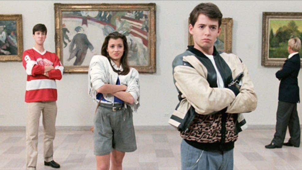 LOS ANGELES - JUNE 11: The movie "Ferris Bueller's Day Off", written and directed by John Hughes. Seen here from left, Alan Ruck as Cameron Frye, Mia Sara as Sloane Peterson and Matthew Broderick as Ferris Bueller in the Art Institute of Chicago. Initial theatrical release June 11, 1986. Screen capture. Paramount Pictures. (Photo by CBS via Getty Images)