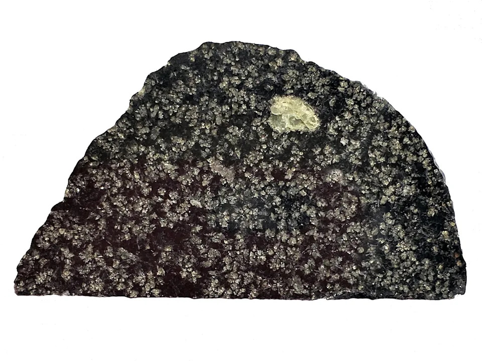 A slice of NWA 12774. The green circle is an olivine crystal, a magnesium-rich mineral. Credit: John Kashuba