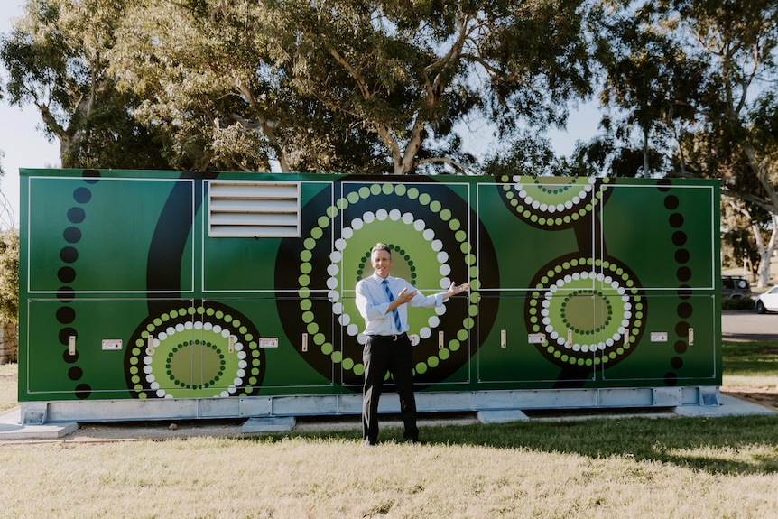 Josh Wilson stands in front of a community battery with green artwork on it.