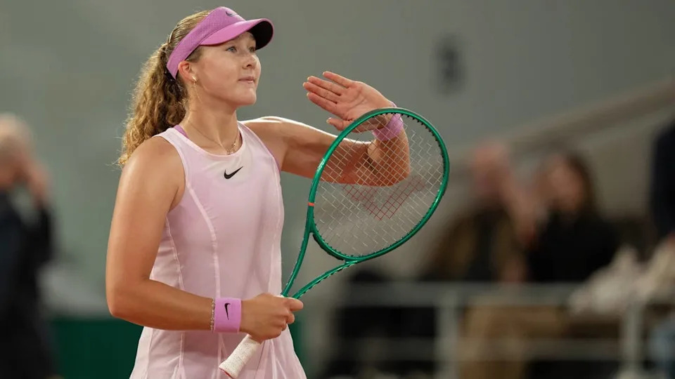 Jun 2, 2026; Paris, France; Mirra Andreeva celebrates winning her match against Sorana Cirstea of Romania on day 10 at Stade Roland Garros. Mandatory Credit: Susan Mullane-Imagn Images© Susan Mullane-Imagn Images&period;