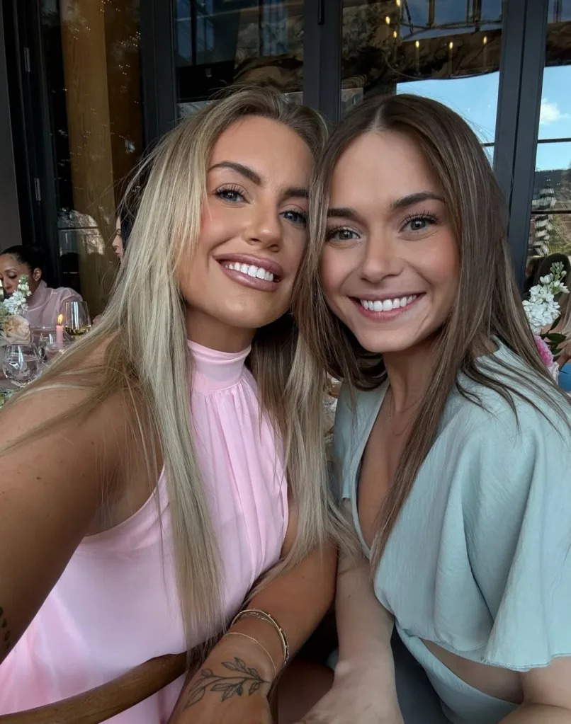 Kern (right), dressed in a pale blue maxi dress with side cutouts, was seen posing cheerfully with friends at Jones’ April bridal shower in Chicago. Instagram / @abbie_mac1