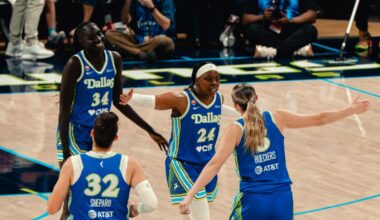 Dallas Wings players Awak Kuier, Jessica Shepard, Arike Ogunbowale, and Paige Bueckers celebrate during a WNBA game against the Las Vegas Aces at College Park Center in Arlington, Texas, on June 15, 2026.