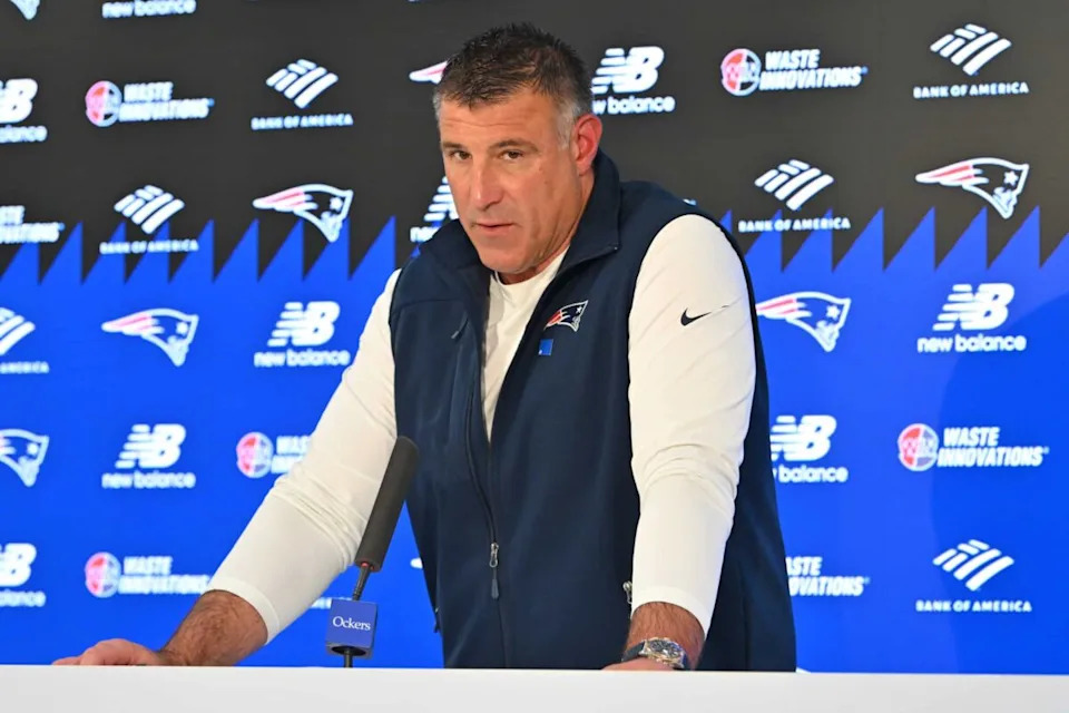 Jun 2, 2026; Foxborough, MA, USA; New England Patriots head coach Mike Vrabel holds a press conference before the start of practices at the team's OTA at Gillette Stadium. Mandatory Credit: Eric Canha-Imagn Images