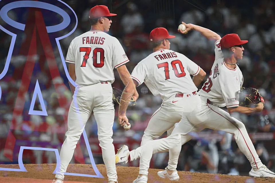The Los Angeles Angels Mitch Farris #70 pitches during an MLB game against The Tampa Bay Rays on June 12th, 2026 at Angel Stadium in Anaheim, California.