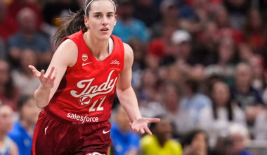 Indiana Fever guard Caitlin Clark (22) reacts to the action during Fever’s season opener game at Gainbridge Fieldhouse in Indianapolis