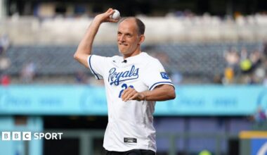 England manager Thomas Tuchel throwing the first pitch for the Kansas City Royals against St. Louis Cardinals