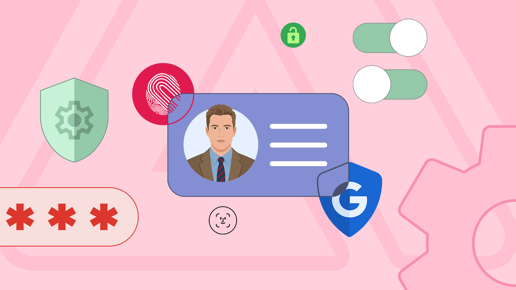 Digital ID card illustration surrounded by security icons like a fingerprint, password field, and Google shield