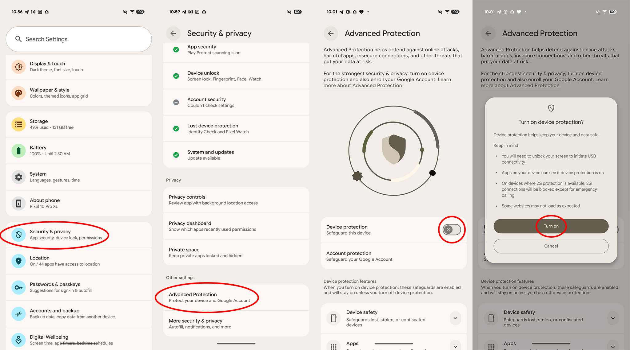 Enabling Advanced Protection in Android 16 on a Google Pixel 10 Pro XL