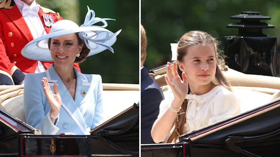 L-Kate Middleton riding in the procession and R-Princess Charlotte waving at crowds during Trooping the Colour 2026