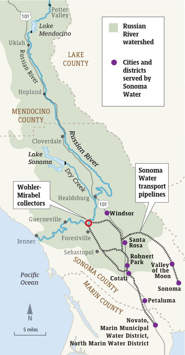 This map shows the Russian River watershed, which runs through Mendocino and Sonoma counties, supplies water to cities and towns along the river as well as to cities and districts served by the Sonoma Water Agency.