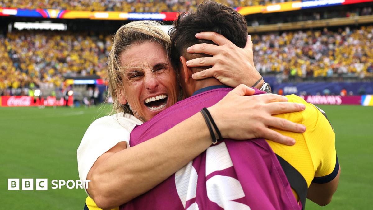 Sebastian Beccacece, Head Coach of Ecuador, celebrates with fans and family members after the 2-1 win against Germany