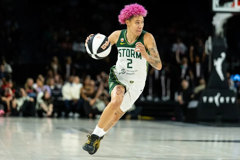 Seattle Storm guard Natisha Hiedeman (2) dribbles the ball up the court during a WNBA game between the Las Vegas Aces and the Seattle Storm, Monday June 8, 2026 in Las Vegas, Nev.