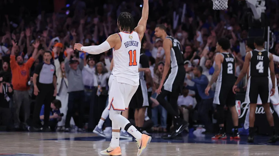 New York Knicks guard Jalen Brunson (11) reacts in the fourth quarter against the San Antonio Spurs during game four of the 2026 NBA Finals at Madison Square Garden.Brad Penner-Imagn Images