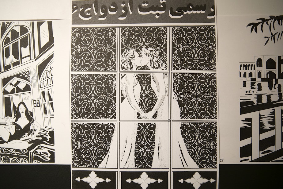 caption: Iranian artist Forouzan Safari’s work "Imagined Freedom | Revealing Bodies Never Allowed to Be Seen," is exhibited on Wednesday, June 17, 2026, at ANTiPODE art gallery in Seattle’s Pioneer Square neighborhood.