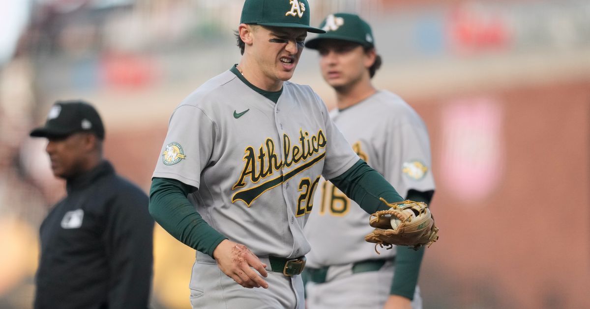 Athletics' Zack Gelof loses hit streak at 24 games after getting spiked on his right hand :: WRAL.com