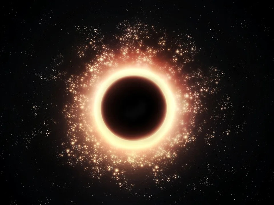 An illustration of a supermassive black hole at the center of a galaxy.