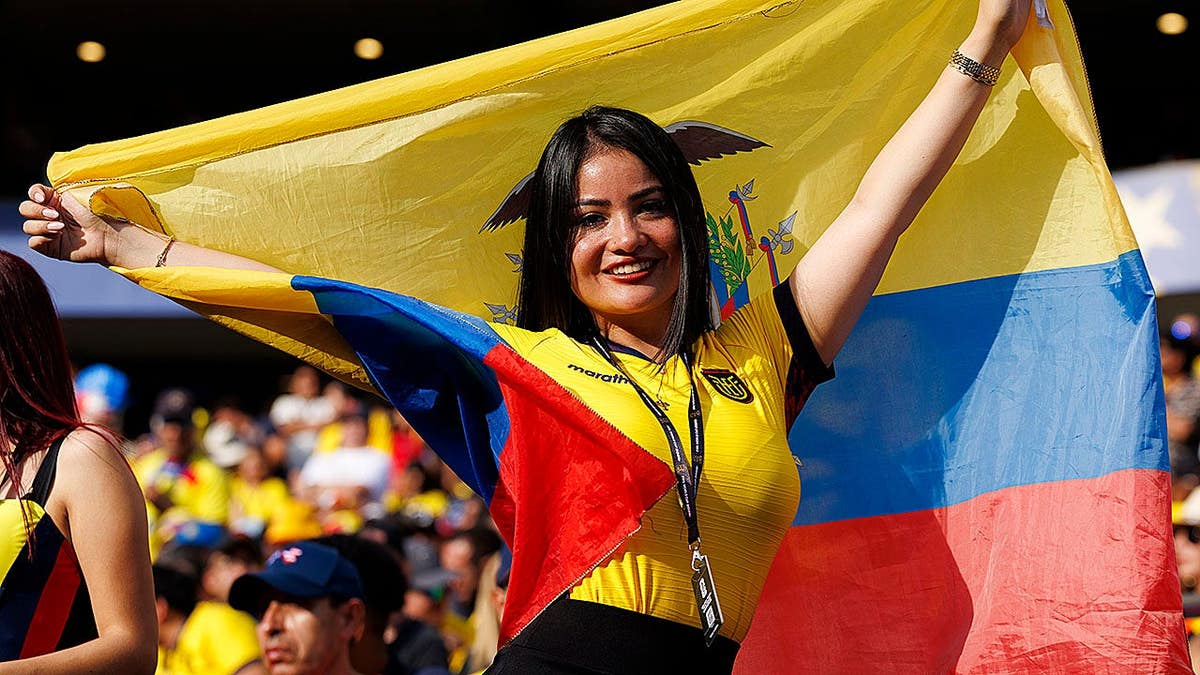 Ecuador supporters celebrating outside Philadelphia Stadium before a FIFA World Cup match.