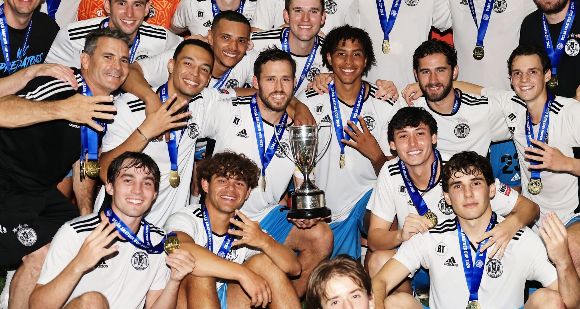 Blaise Santangelo (center), West Chester United players celebrate their win in the 101st USASA National Amateur Cup Final at Uihlein Soccer Park on July 26, 2025, in Milwaukee, Wis. (Photo by Geoff Stellfox/USSF/Getty Images)