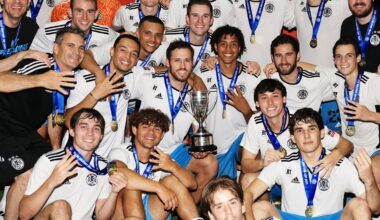 Blaise Santangelo (center), West Chester United players celebrate their win in the 101st USASA National Amateur Cup Final at Uihlein Soccer Park on July 26, 2025, in Milwaukee, Wis. (Photo by Geoff Stellfox/USSF/Getty Images)