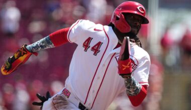 Cincinnati Reds' Elly de la Cruz advances to third base on a double by teammate Sal Stewart during the fourth inning of a baseball game against the Houston Astros, Sunday, May 10, 2026, in Cincinnati. (AP Photo/Kareem Elgazzar)