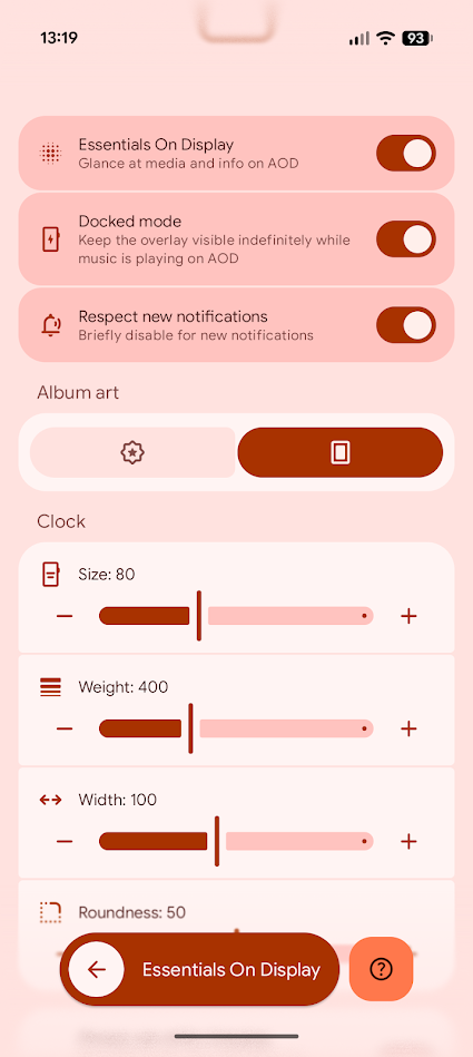 always on display settings in essentials app