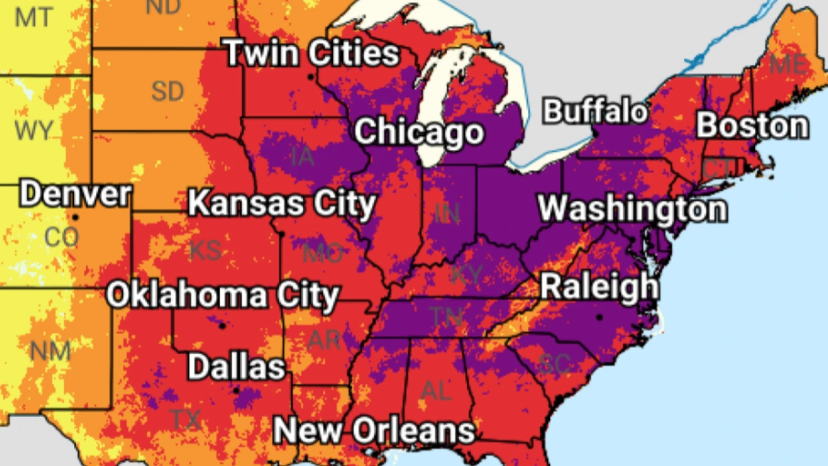 extreme heat risk map for central and eastern USA through July 4, 2026