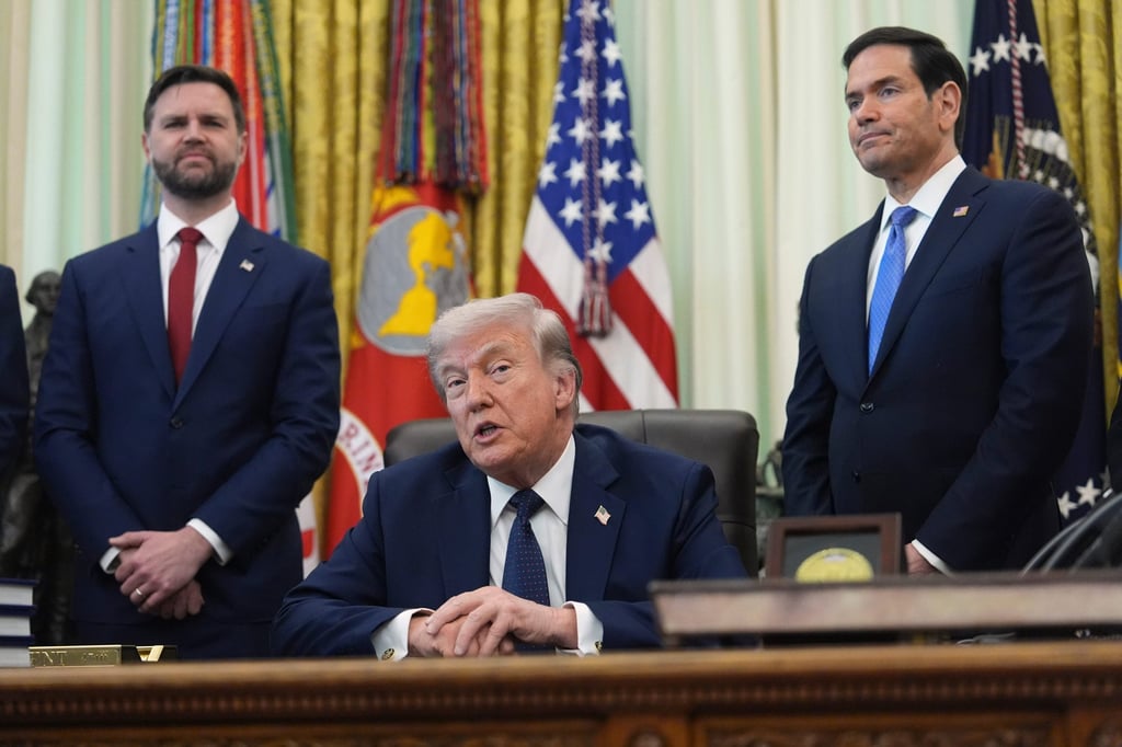 President Donald Trump speaks as Secretary of State Marco Rubio (right) and Vice-President J.D. Vance listen in the Oval Office in April. Photo: AP