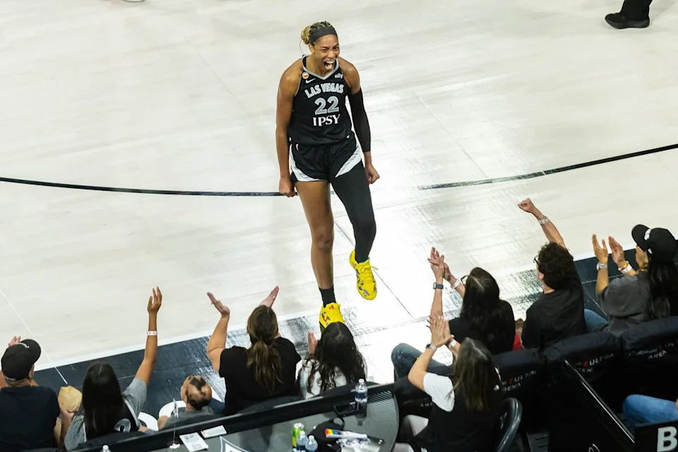 Las Vegas Aces forward A’ja Wilson (22) yells in celebration at the crowd after scoring an and-one basket during a WNBA game between the Las Vegas Aces and the Seattle Storm, Monday June 8, 2026 in Las Vegas, Nev.