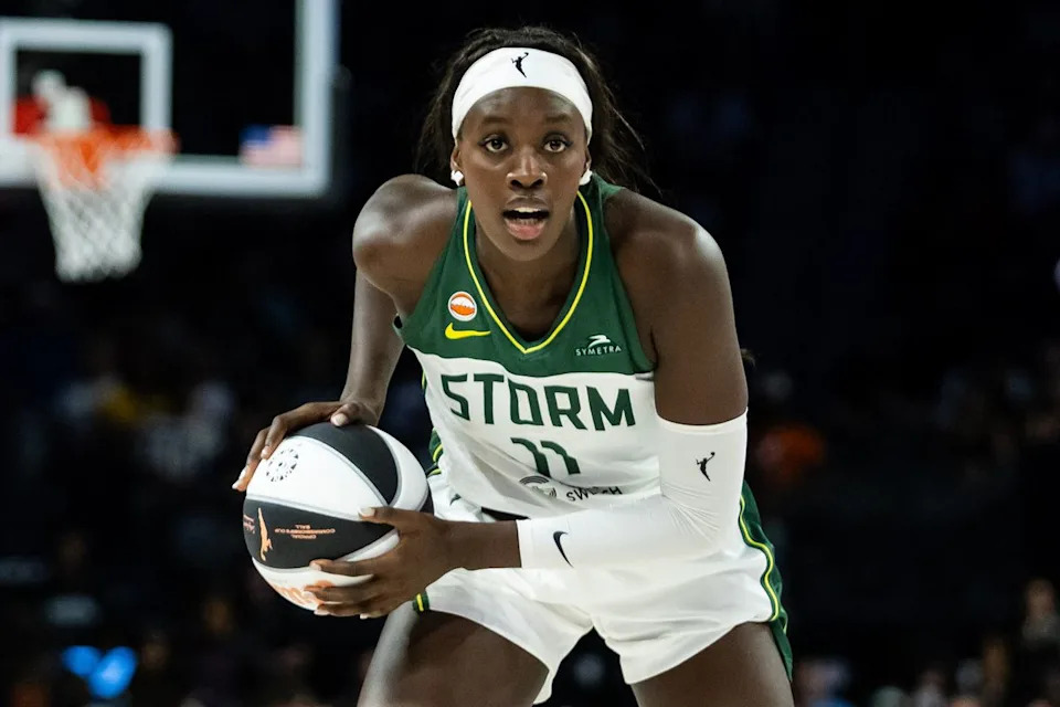 Seattle Storm center Awa Fam (11) looks for a teammate to pass the ball to during a WNBA game between the Las Vegas Aces and the Seattle Storm, Monday June 8, 2026 in Las Vegas, Nev.