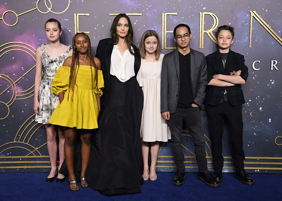 Shiloh Jolie-Pitt, Zahara Jolie-Pitt, Angelina Jolie, Vivienne Jolie-Pitt, Maddox Jolie-Pitt and Knox Jolie-Pitt attend 'The Eternals' premiere on October 27, 2021 in London, England.Credit: Getty Images