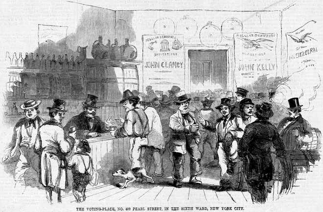 Voting An 1858 cartoon shows a voting place in New York and lampoons the voting habits of the city's residents. The voting place is obviously a tavern where "a stream of trubulent, and frequently drunken, men" cast their ballots. (Photo by © CORBIS/Corbis via Getty Images)
