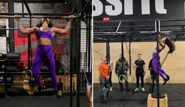 split image of Elina doing pull ups with a crowd watching