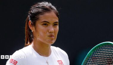 Emma Raducanu chews her lip during practice at Wimbledon