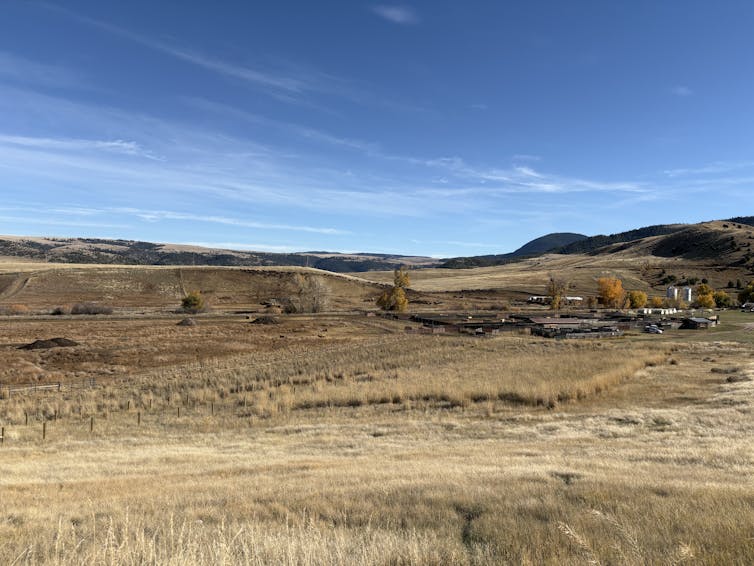 A wide view of a grassy, hilly area with various barns and other buildings visible.