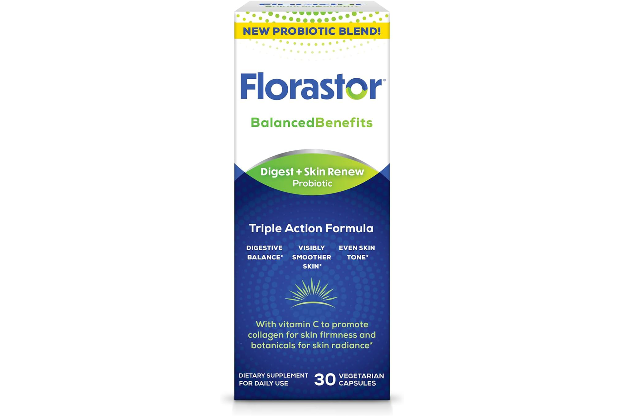Florastor BalancedBenefits Digest + Skin Renew Probiotic, 30 vegetarian capsules.