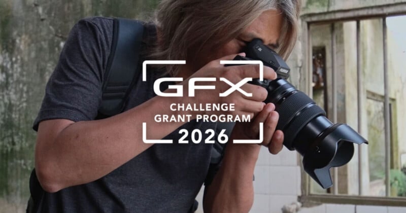 A person with long hair uses a professional camera in a rustic setting. Overlaid text reads: "GFX Challenge Grant Program 2026.