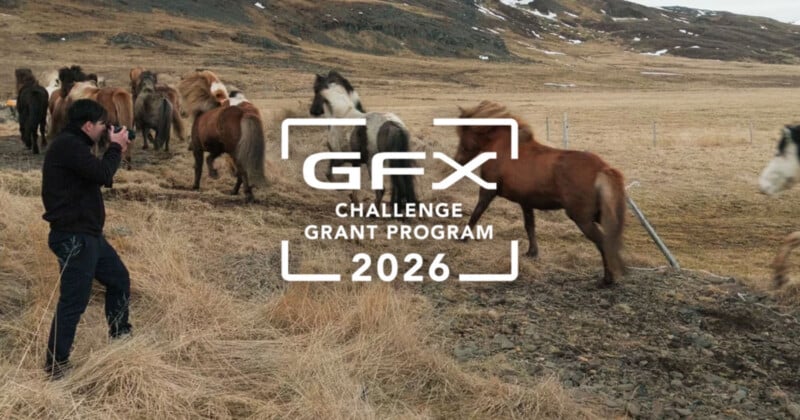 A person photographs a group of horses running across a grassy, mountainous landscape. The text overlay reads "GFX Challenge Grant Program 2026.