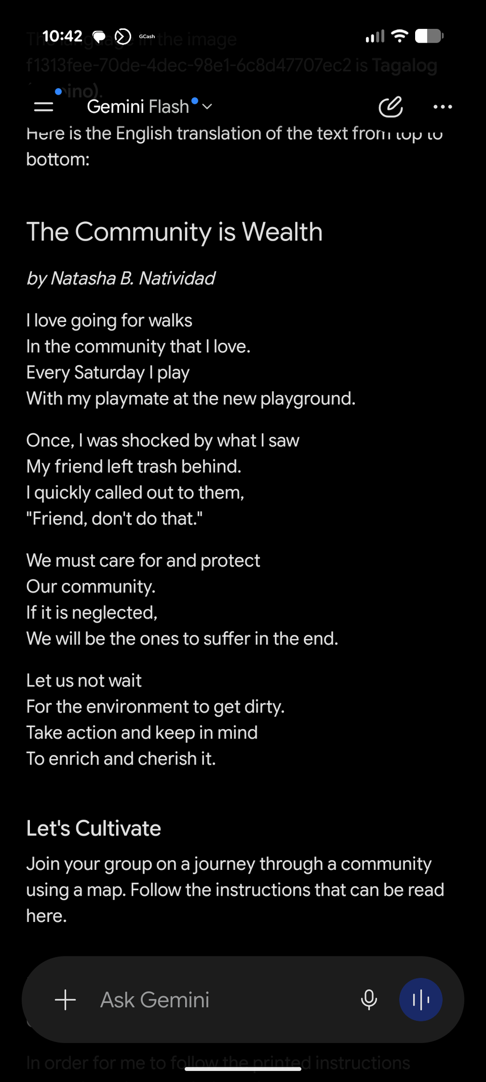 Translated Filipino poem to English by Gemini