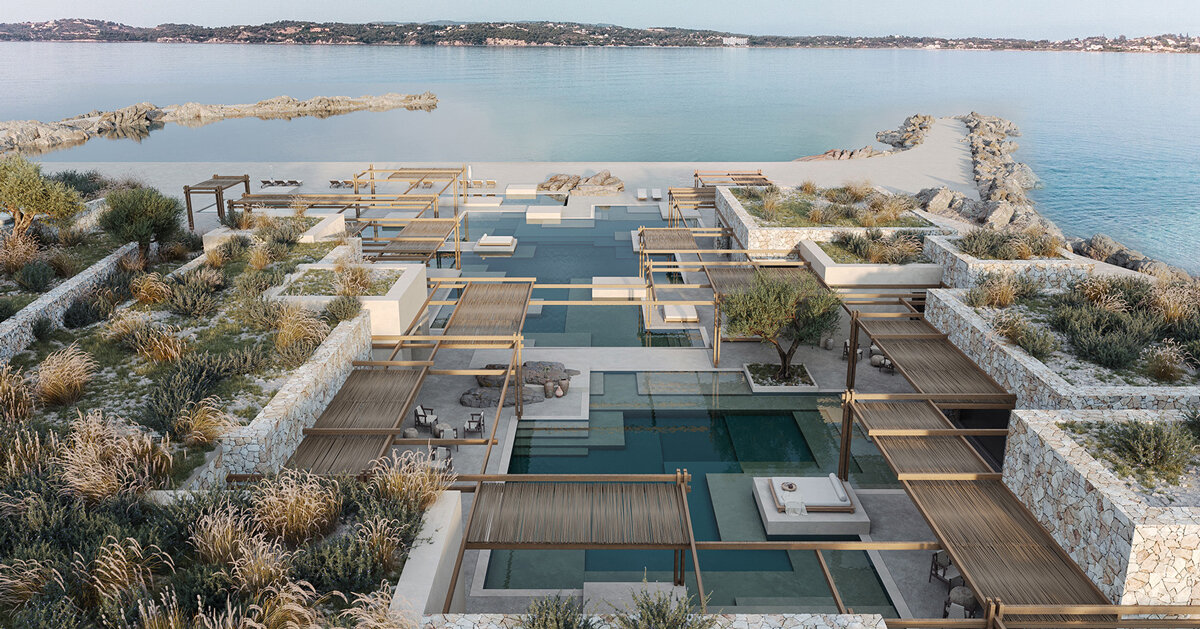 beach club’s stepped stone volumes surround lagoon-like pool in greece