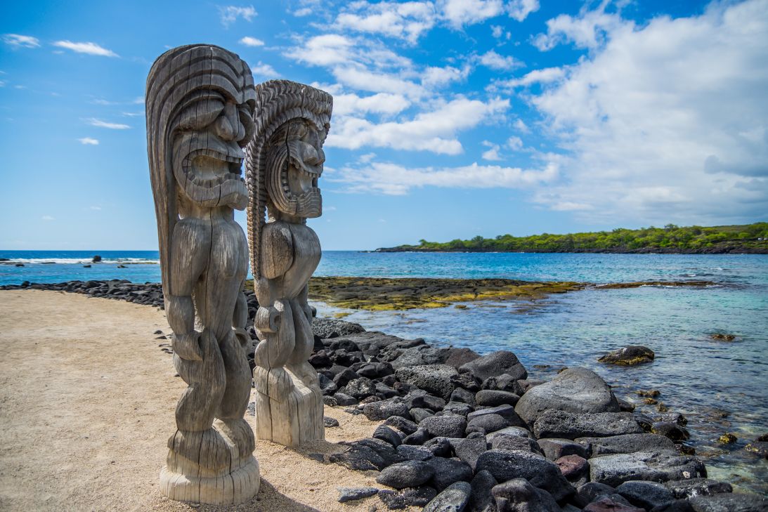 Hawaiian-style wood carvings at the Puʻuhonua O Hōnaunau National Historical Park in Hawaii, which memorializes a temple complex that goes back nearly 400 years.