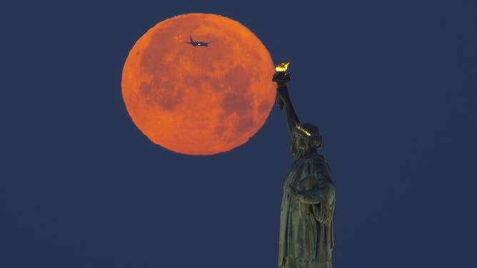 NEW YORK, NY - JUNE 04: The full Strawberry Moon sets behind the Statue of Liberty before sunrise on June 4, 2023, in New York City.