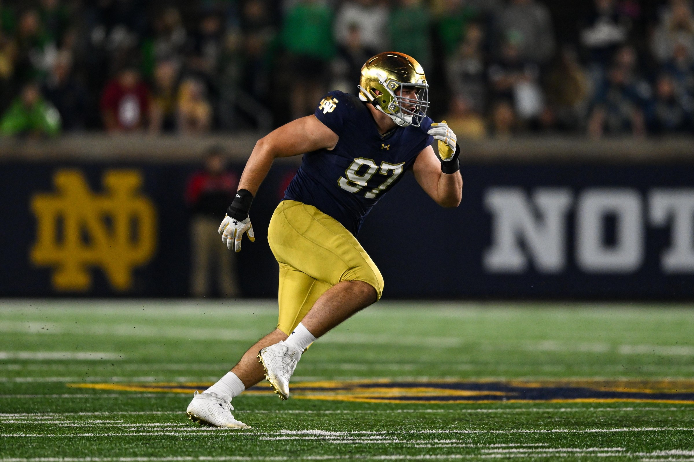 SOUTH BEND, IN - OCTOBER 12: Notre Dame Figthing Irish DL Gabriel Rubio (97) during a college football game between the Stanford Cardinal and Notre Dame Fighting Irish on October 12, 2024 at Notre Dame Stadium in South Bend, IN (Photo by James Black/Icon Sportswire via Getty Images)