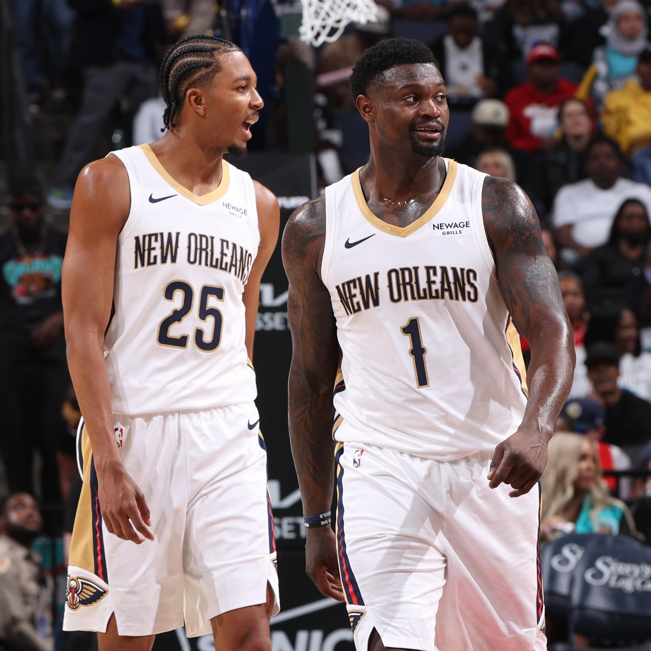 MEMPHIS, TN - OCTOBER 22: Zion Williamson #1 and Trey Murphy III #25 of the New Orleans Pelicans looks on during the game against the Memphis Grizzlies on October 22, 2025 at FedExForum in Memphis, Tennessee. NOTE TO USER: User expressly acknowledges and agrees that, by downloading and or using this photograph, User is consenting to the terms and conditions of the Getty Images License Agreement. Mandatory Copyright Notice: Copyright 2025 NBAE (Photo by Joe Murphy/NBAE via Getty Images)