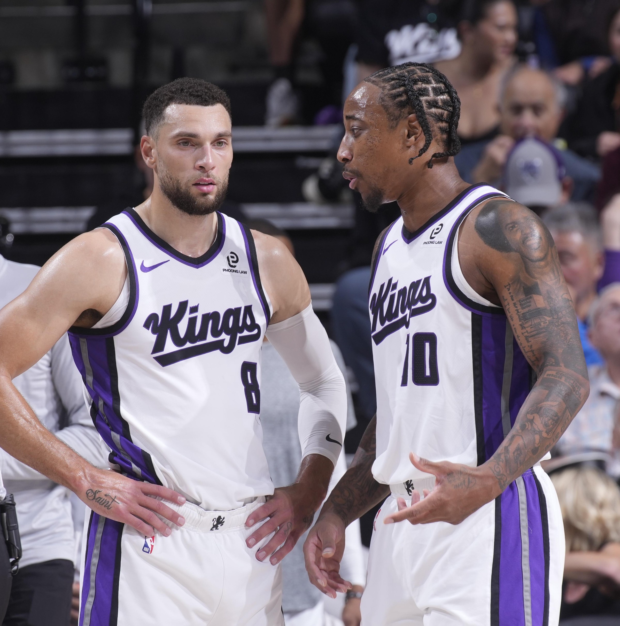 SACRAMENTO, CA - NOVEMBER 9: Zach LaVine #8 and DeMar DeRozan #10 of the Sacramento Kings talk during the game against the Minnesota Timberwolves on November 9, 2025 at Golden 1 Center in Sacramento, California. NOTE TO USER: User expressly acknowledges and agrees that, by downloading and or using this photograph, User is consenting to the terms and conditions of the Getty Images Agreement. Mandatory Copyright Notice: Copyright 2025 NBAE (Photo by Rocky Widner/NBAE via Getty Images)