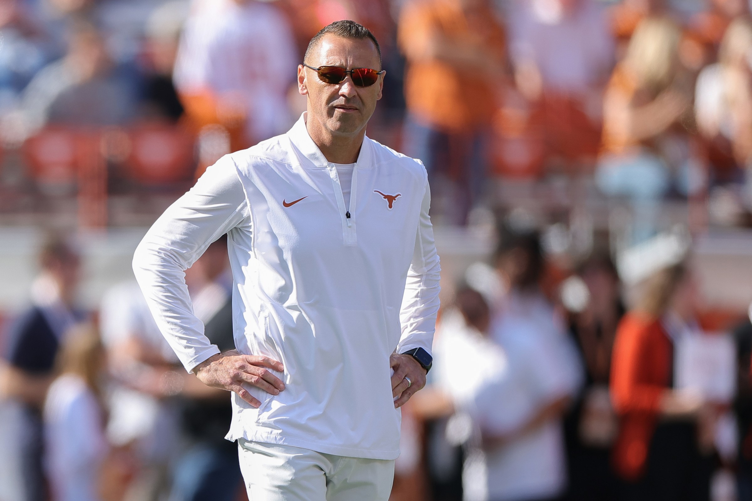 AUSTIN, TEXAS - NOVEMBER 22: Head coach Steve Sarkisian of the Texas Longhorns on the field prior to a game against the Arkansas Razorbacks at Darrell K Royal-Texas Memorial Stadium on November 22, 2025 in Austin, Texas. (Photo by Alex Slitz/Getty Images)